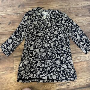 Talbots Womens Black and tan floral tunic Size 6 lightweight button down shirt